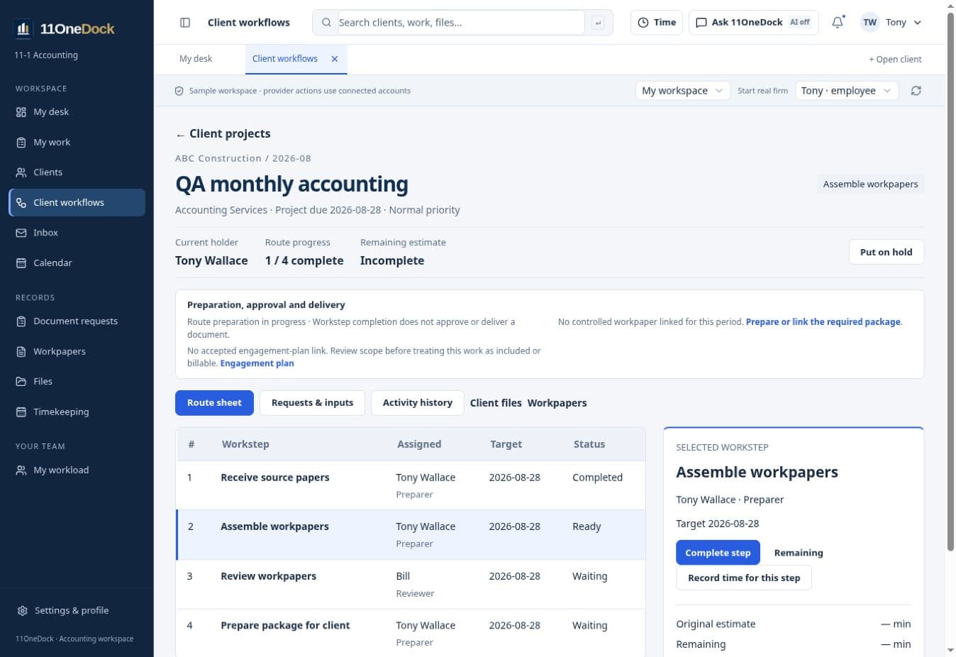 Actual Client Workflows screen with project context, saved accounting worksteps and the selected Assemble workpapers step.