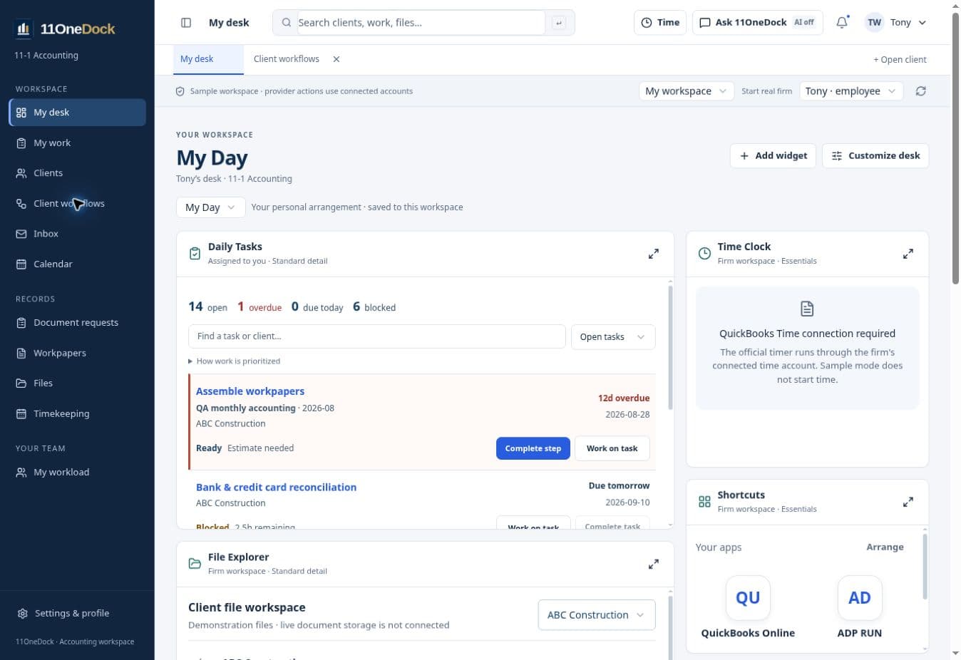The implemented employee desk with a prioritized work queue, time connection status, file explorer and labeled navigation.